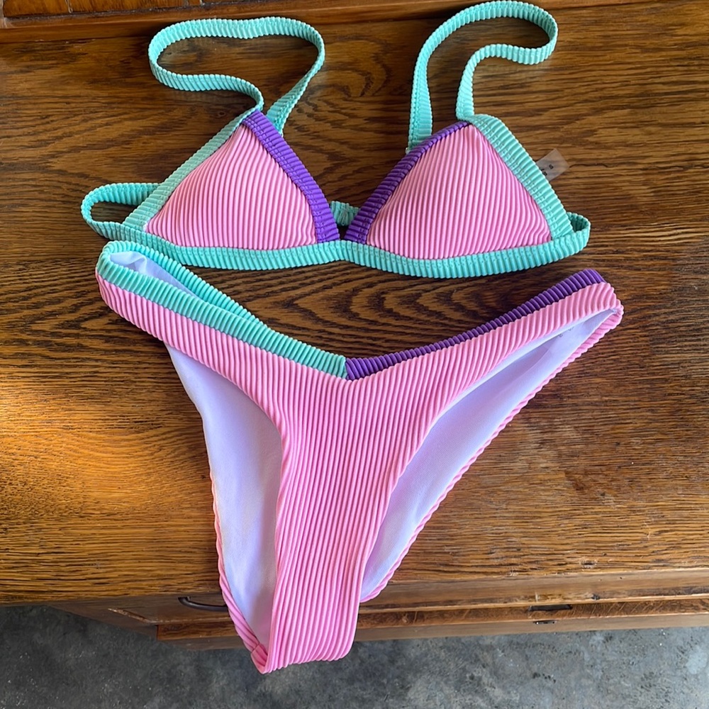 Shein colorblock ribbed swimsuit pink aqua blue and purple